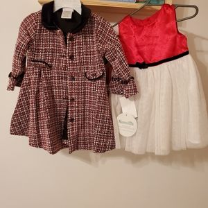 Formal red dress with plaid coat.